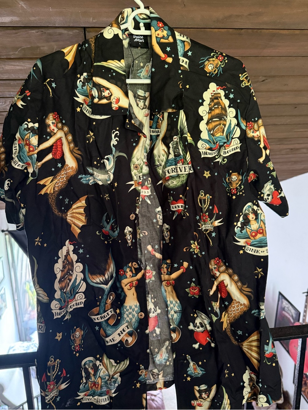 Black Tattoo-Print Short Sleeve Men’s Aloha Shirt